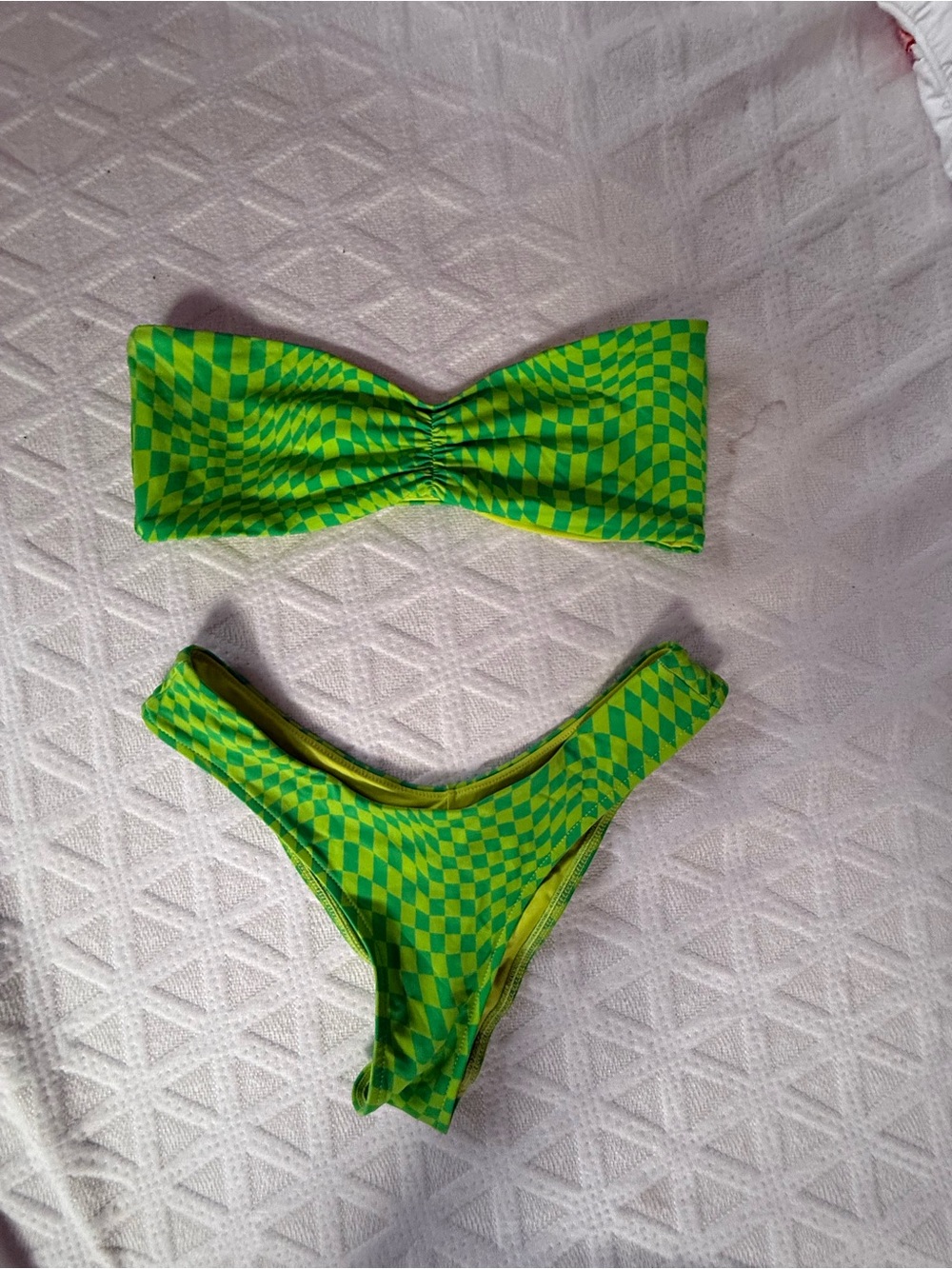 Frankie's Bikinis Neon Green Check Bandeau Bikini